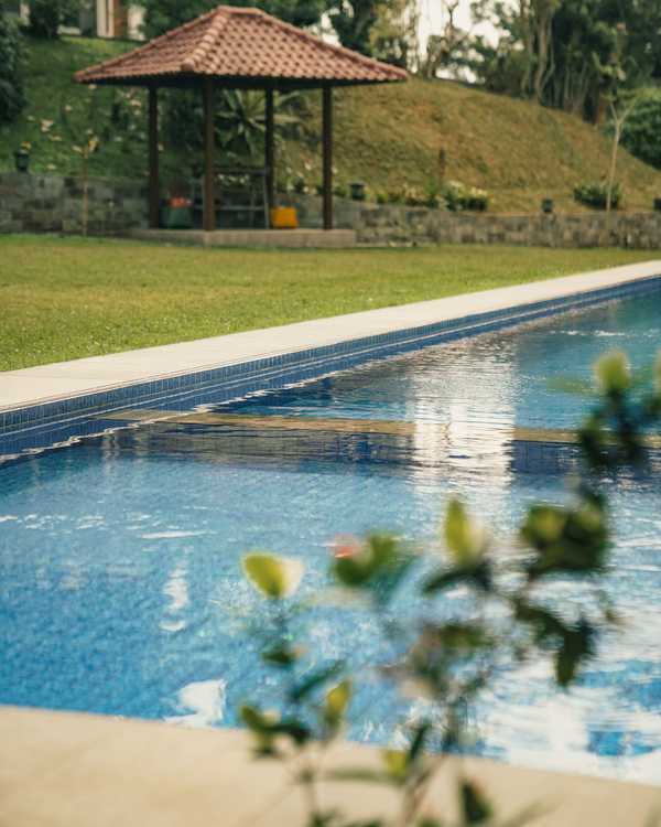 Luxury resort pool and villa surrounded by tropical greenery